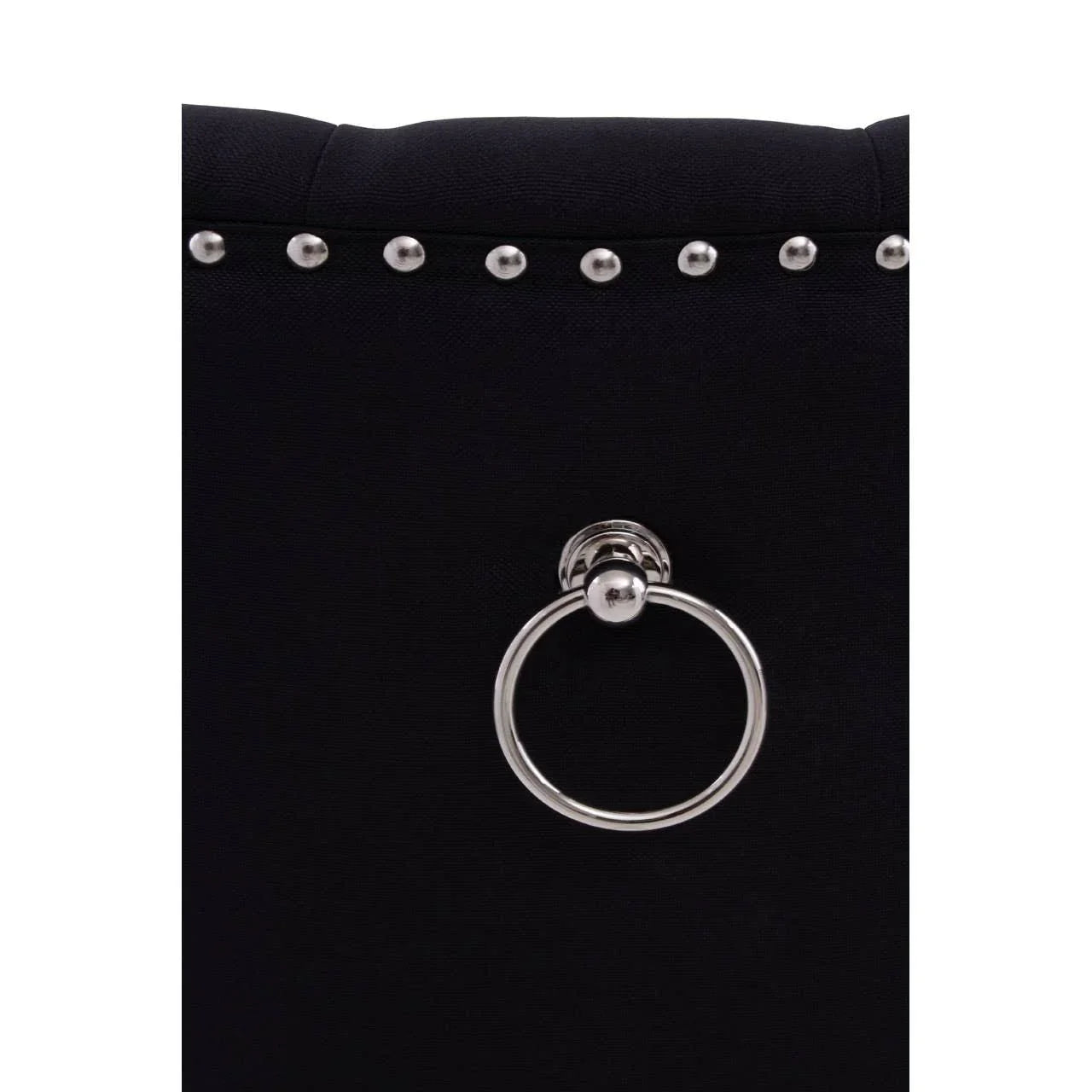 Black dining chair back with chrome ring handle and silver stud detailing
