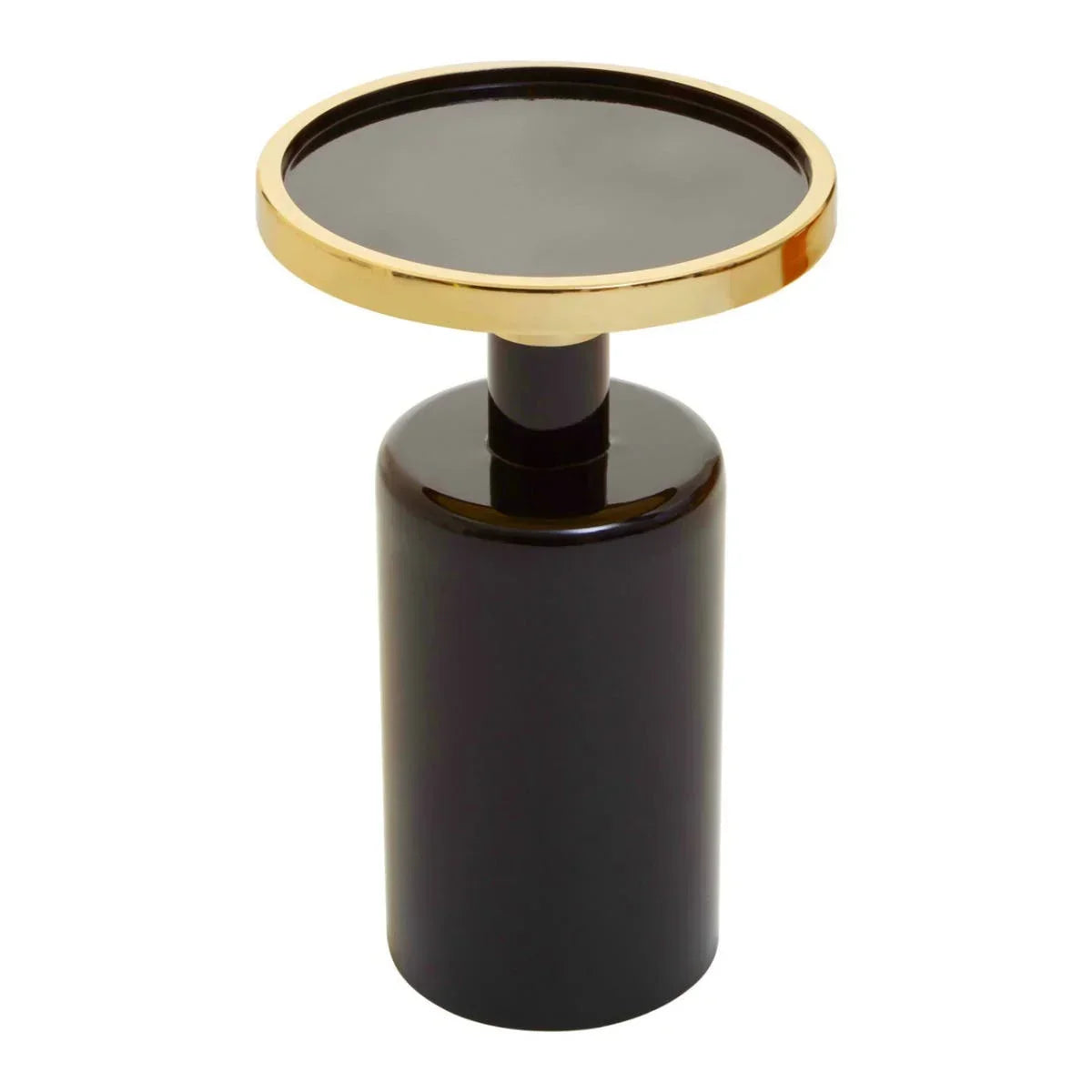 Black side table with gold rim and glossy cylindrical base