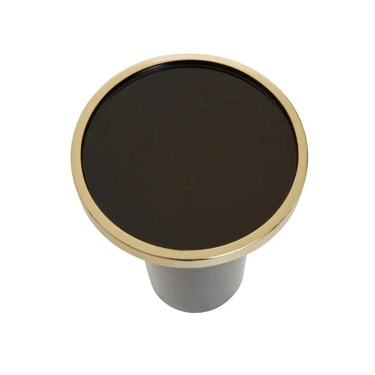 Round side table with black glass top and gold metal frame, modern style