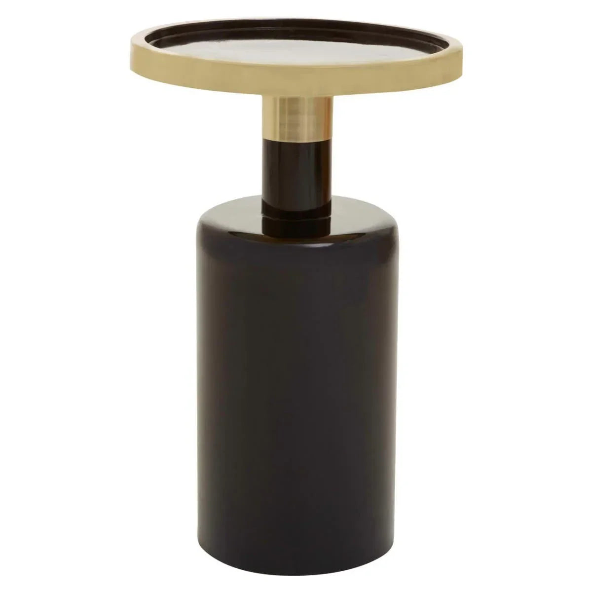 Round black and gold side table with glossy cylindrical base and metal rimmed top