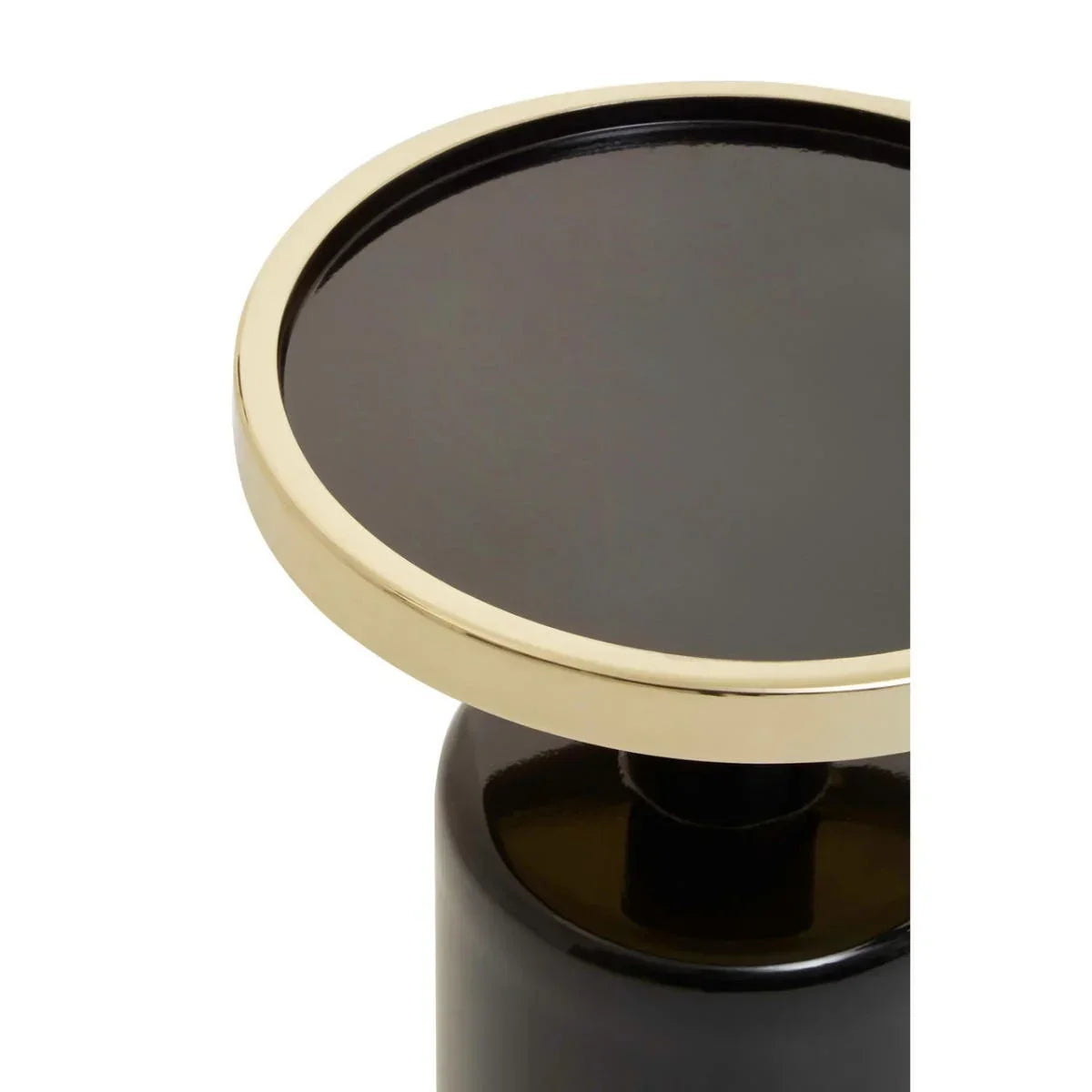 Black side table with gold metal rim, glossy finish, close-up of round tabletop