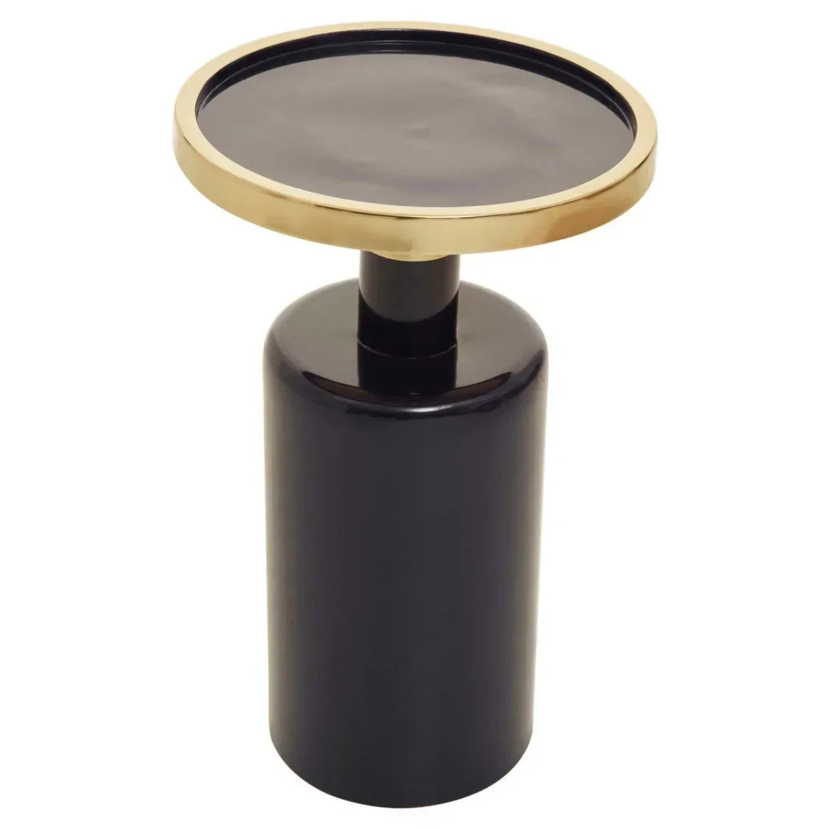 Black side table with gold rim and cylindrical base, modern accent furniture