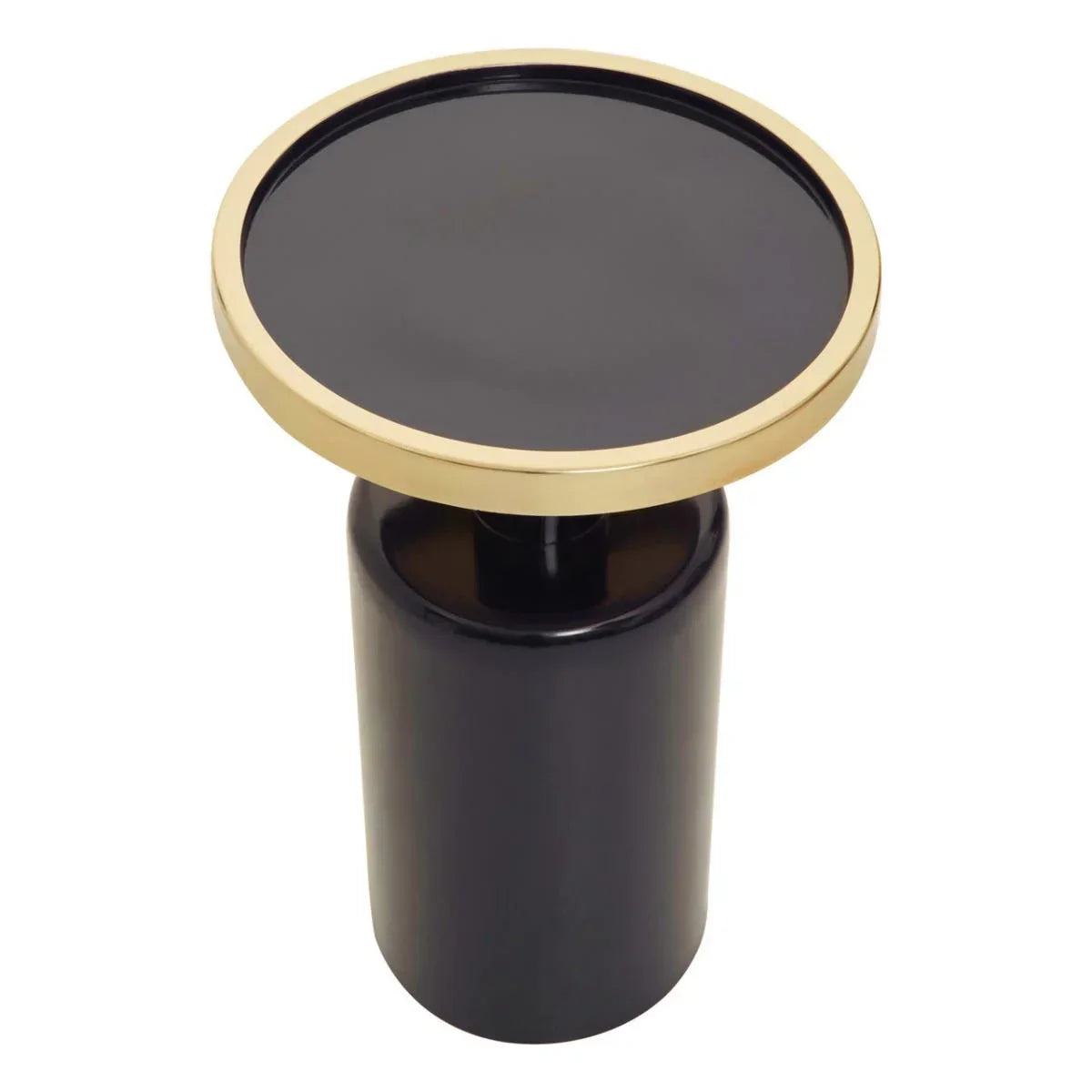 Black side table with gold rim and cylindrical base