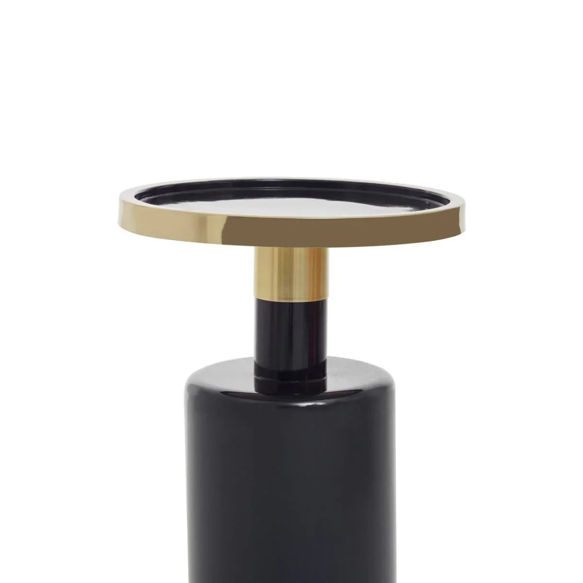 Black and gold accent side table with glossy cylindrical base and round top