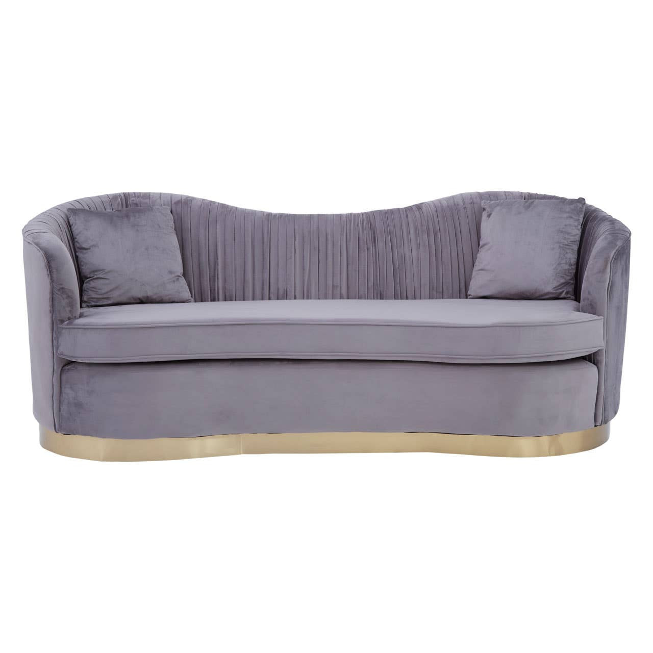 Three-seat sofa upholstered in pleated grey velvet with a curved backrest and two matching cushions. The base features a sleek gold trim, adding an elegant touch to the overall design
