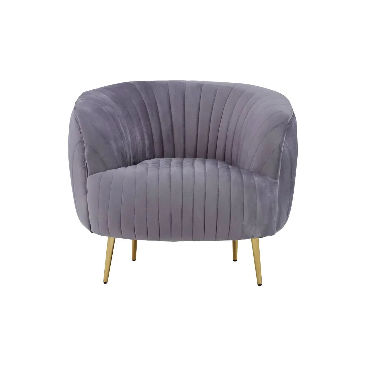 Grey velvet accent chair with vertical stitching and gold metal legs, front view