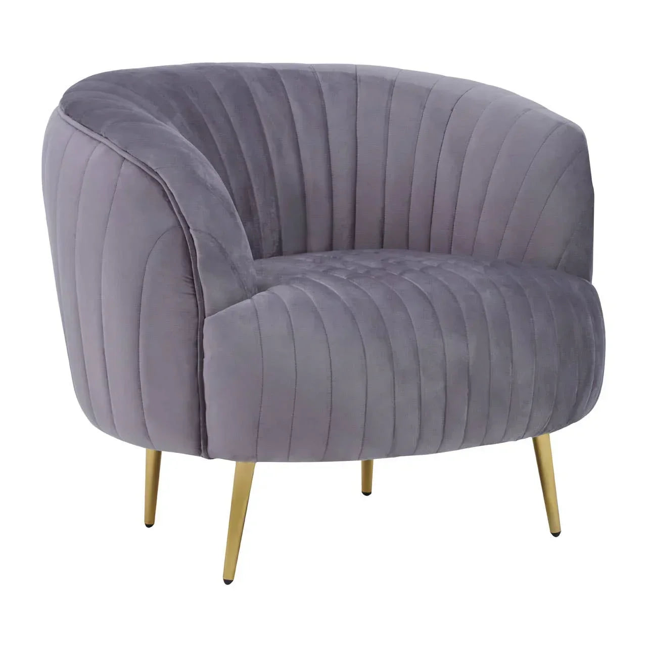 Grey velvet accent chair with gold legs and vertical channel tufting