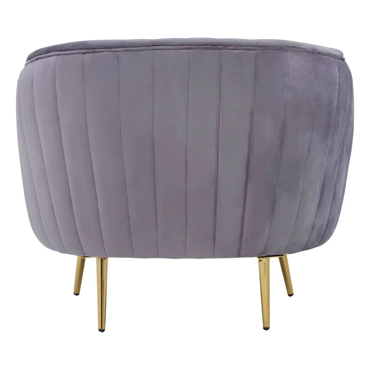 Grey velvet accent chair with vertical stitching and gold metal legs, rear view