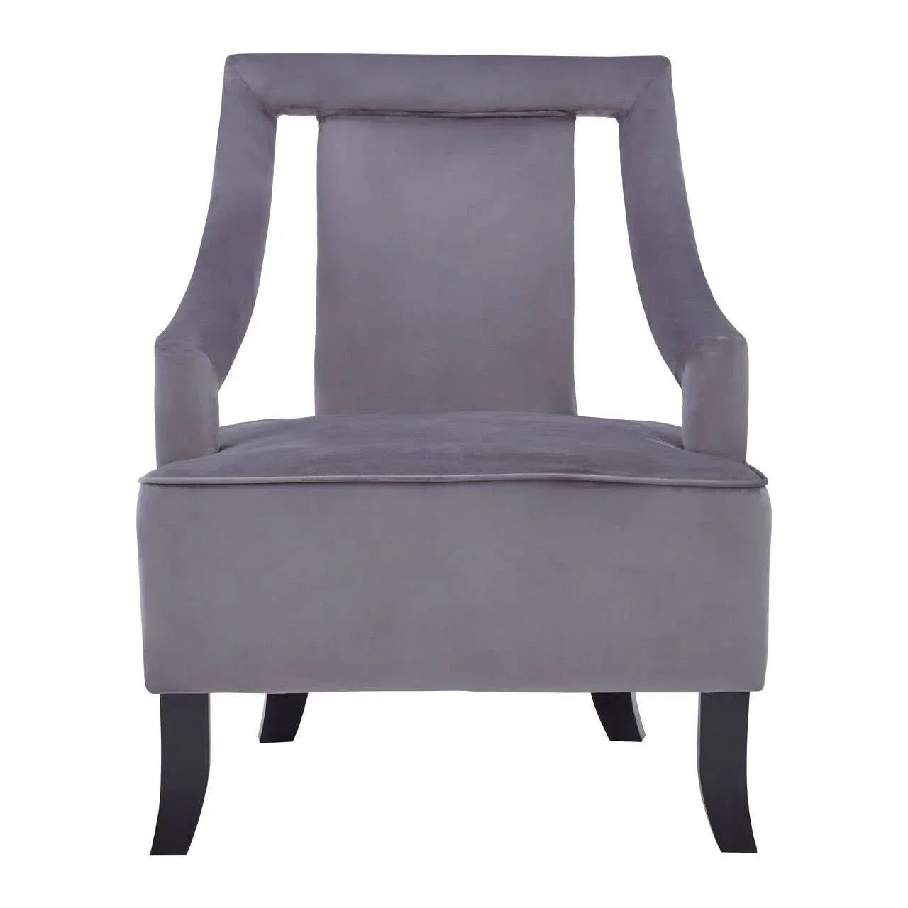 Grey velvet accent chair with open backrest and curved wooden legs front view