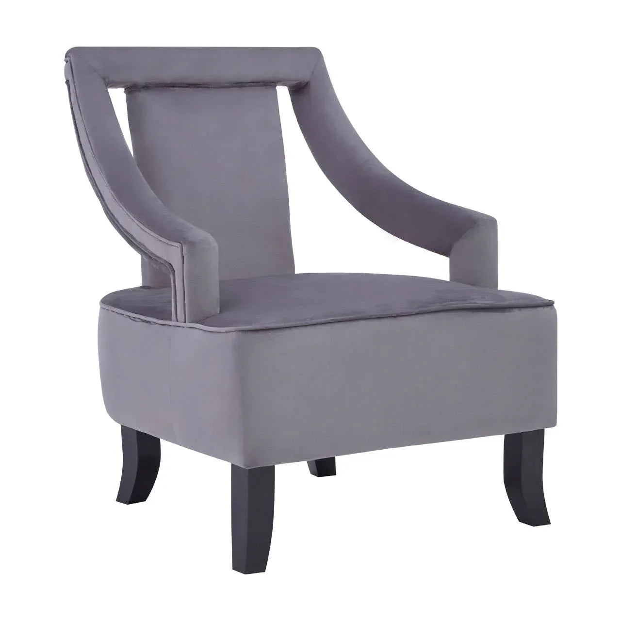 Grey accent chair with curved arms and wooden legs, upholstered in velvet fabric
