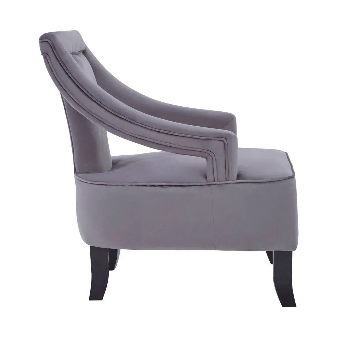Side view of grey upholstered accent chair with curved back and dark wooden legs
