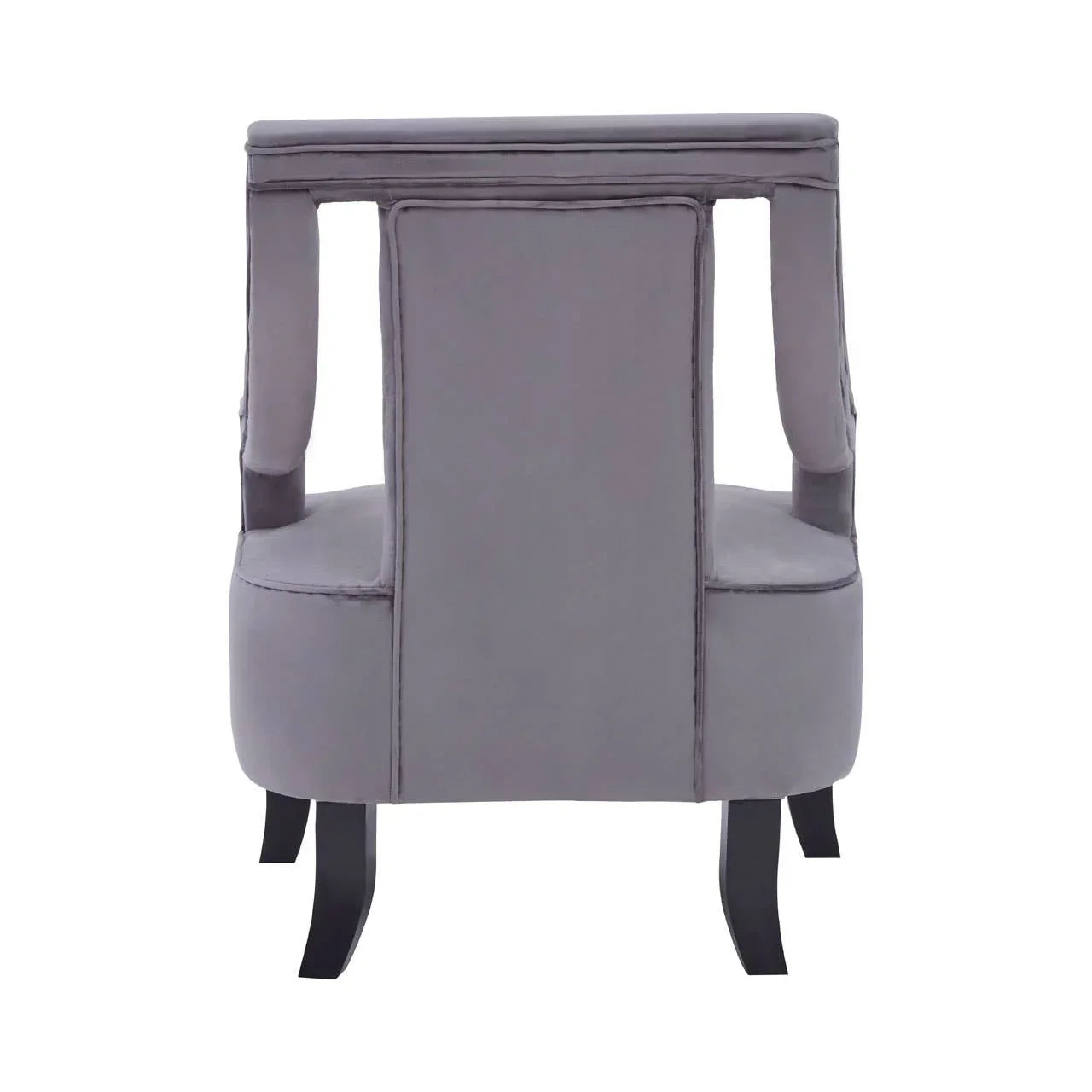 Back view of grey velvet accent chair with open arm design and black wooden legs