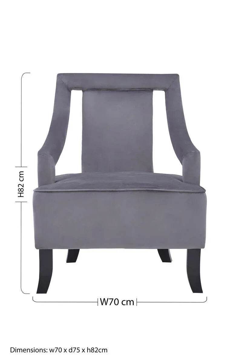 Grey velvet accent chair with arms and black legs, front view, 70x75x82cm dimensions shown