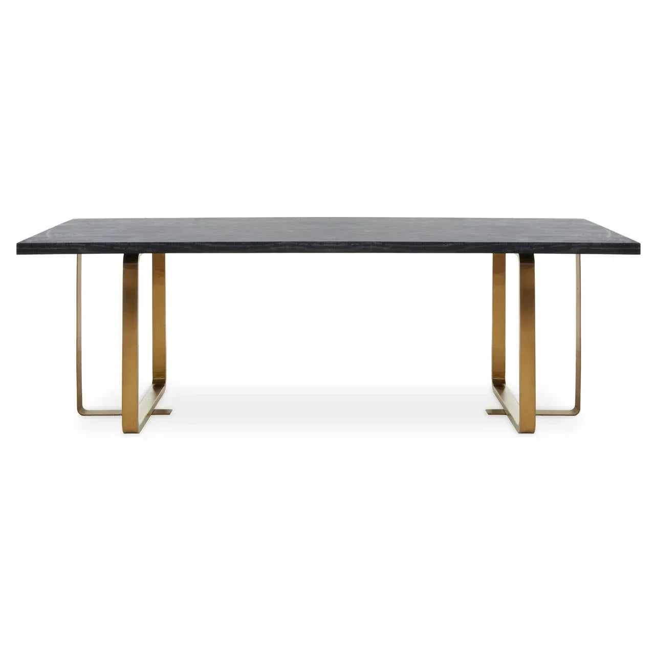 Modern dining table with black rectangular top and gold metal legs, front view