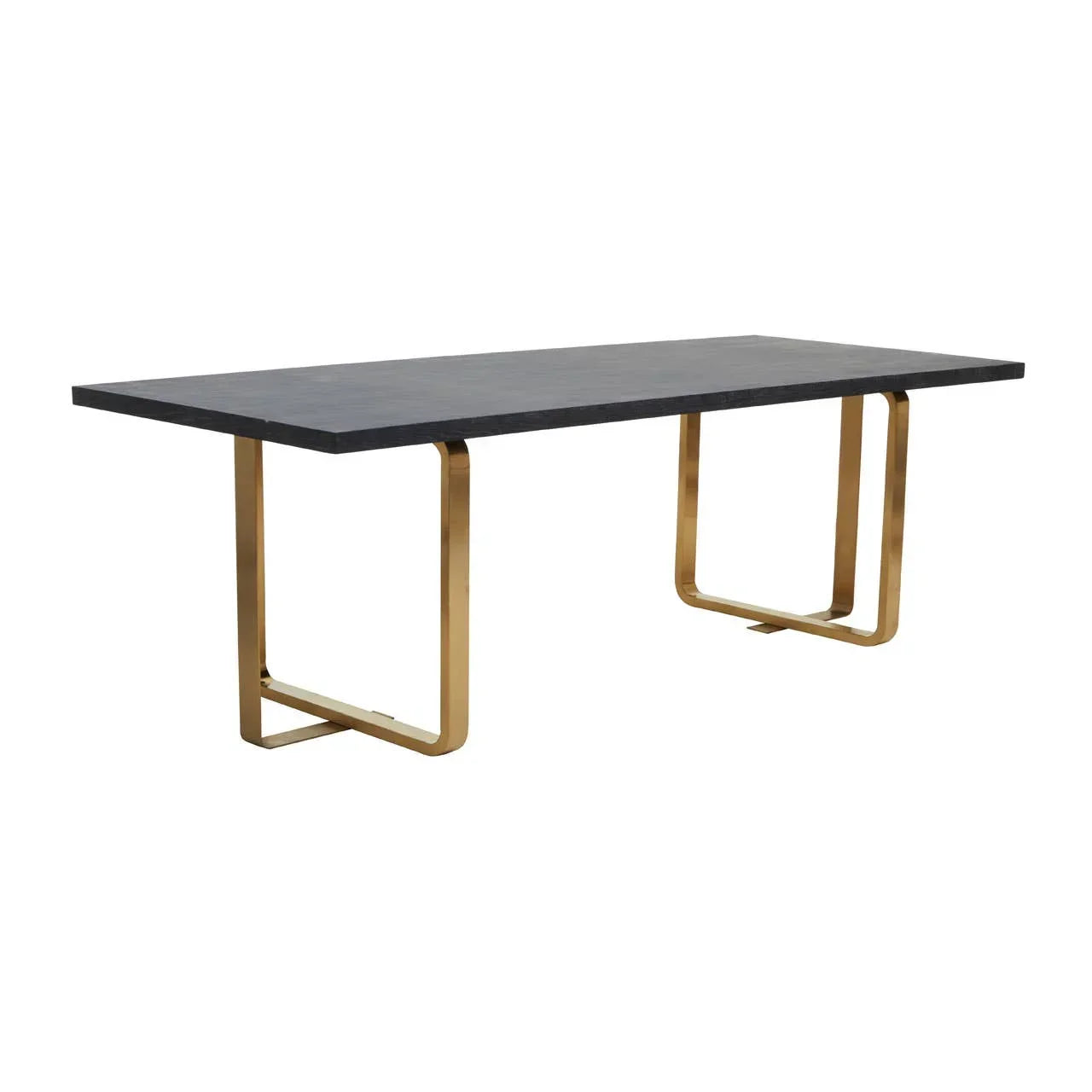 Modern dining table with black wood top and gold metal legs