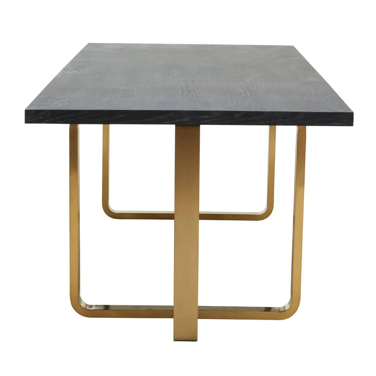 Rectangular dining table with black wood top and gold metal legs, front angle view