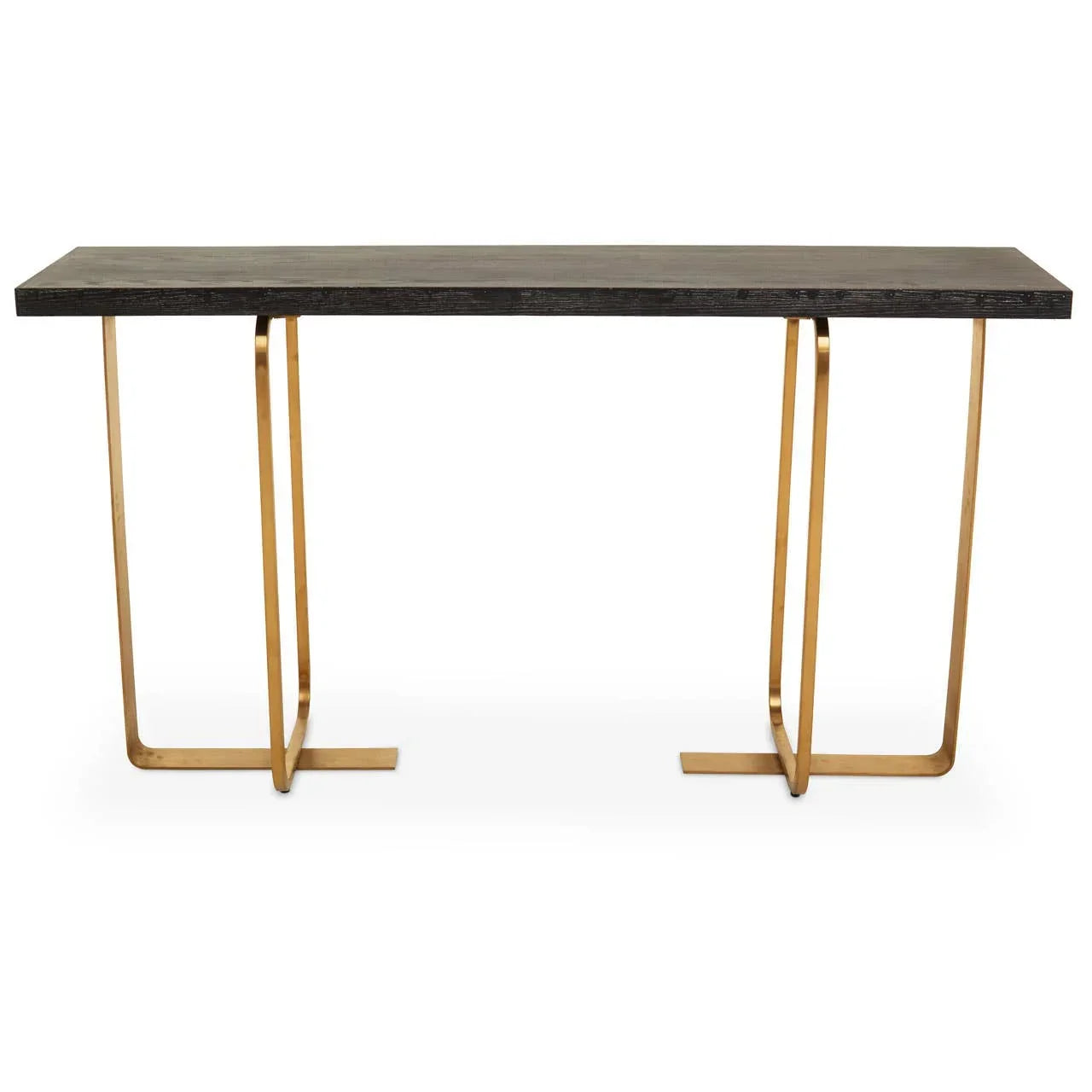 Console table with dark wooden top and gold metal legs, modern hallway furniture