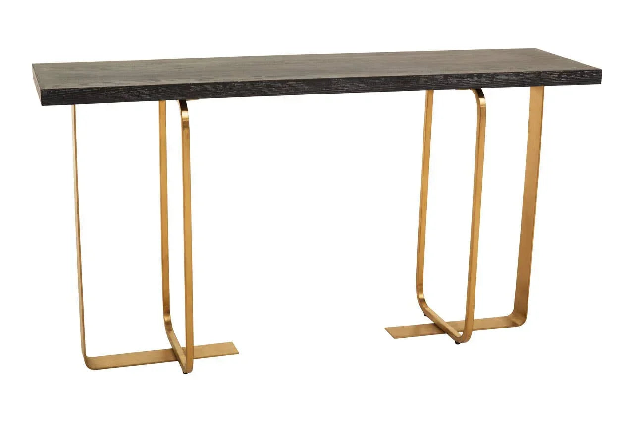 Modern console table with black wooden top and gold metal legs on white background