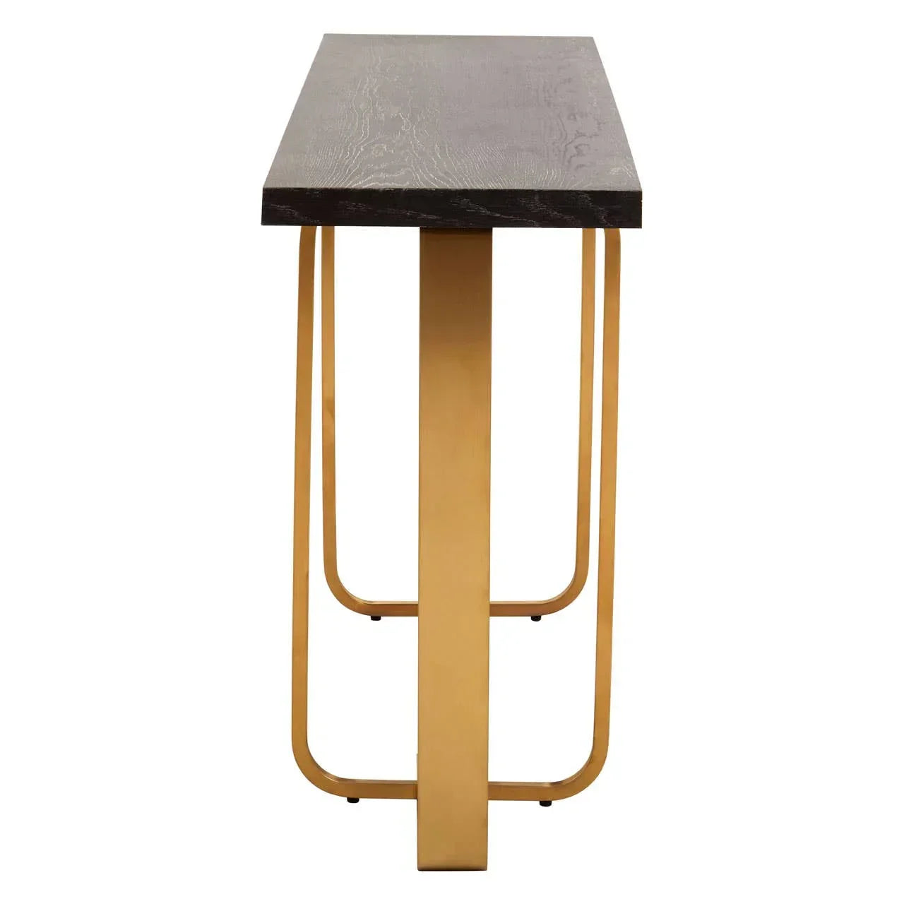 Modern console table with black wooden top and gold metal legs, side angle view