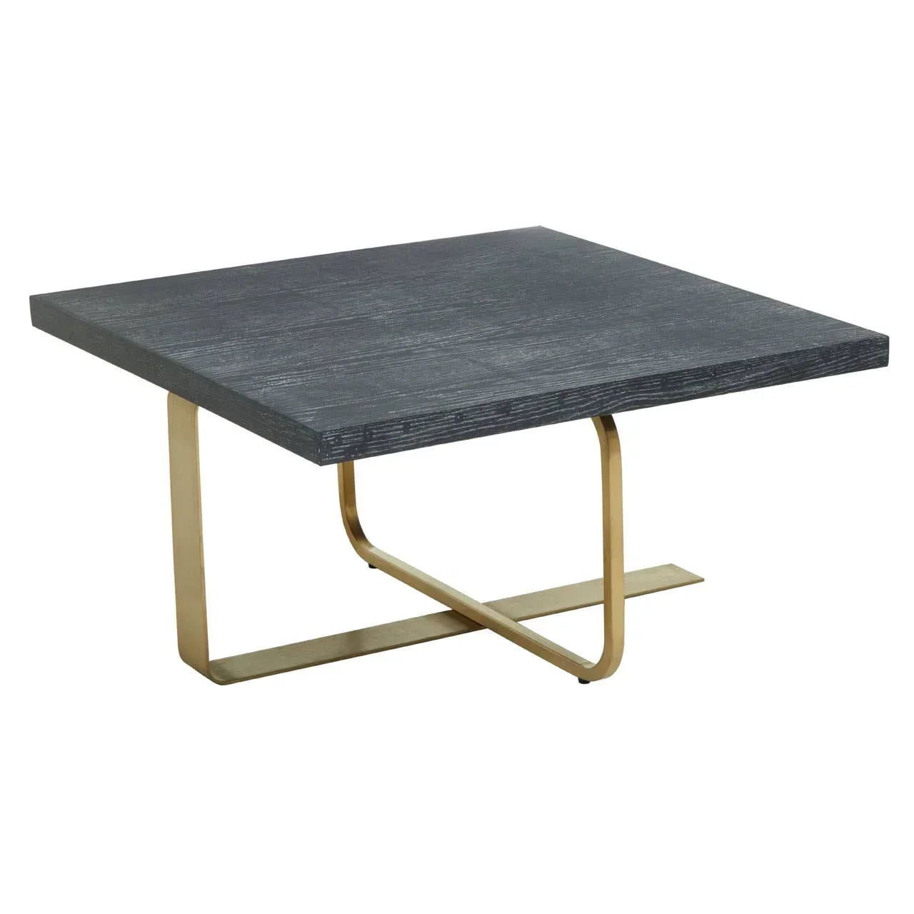 Square coffee table with black wood top and gold metal base, modern living room style