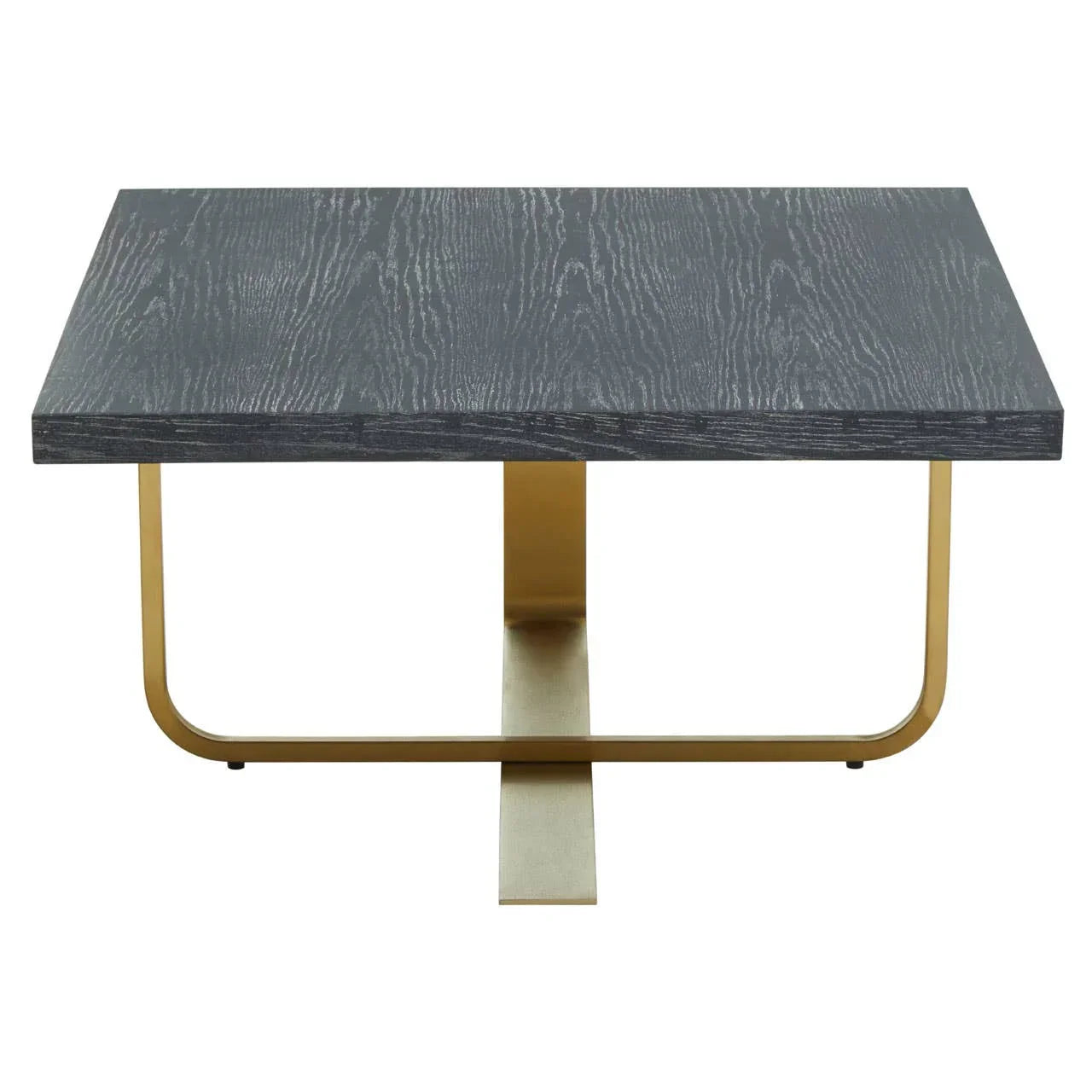Rectangular coffee table with dark wood effect top and gold metal base, front view