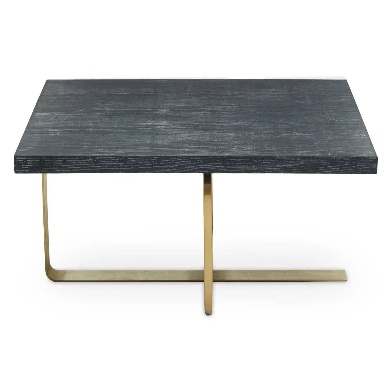Rectangular black wood coffee table with gold metal cross base, front view