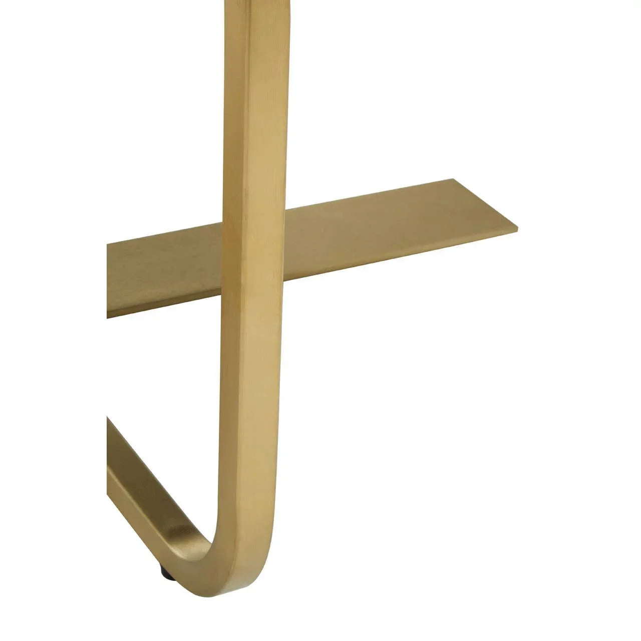 Brushed gold metal table leg with crossbar detail on white background