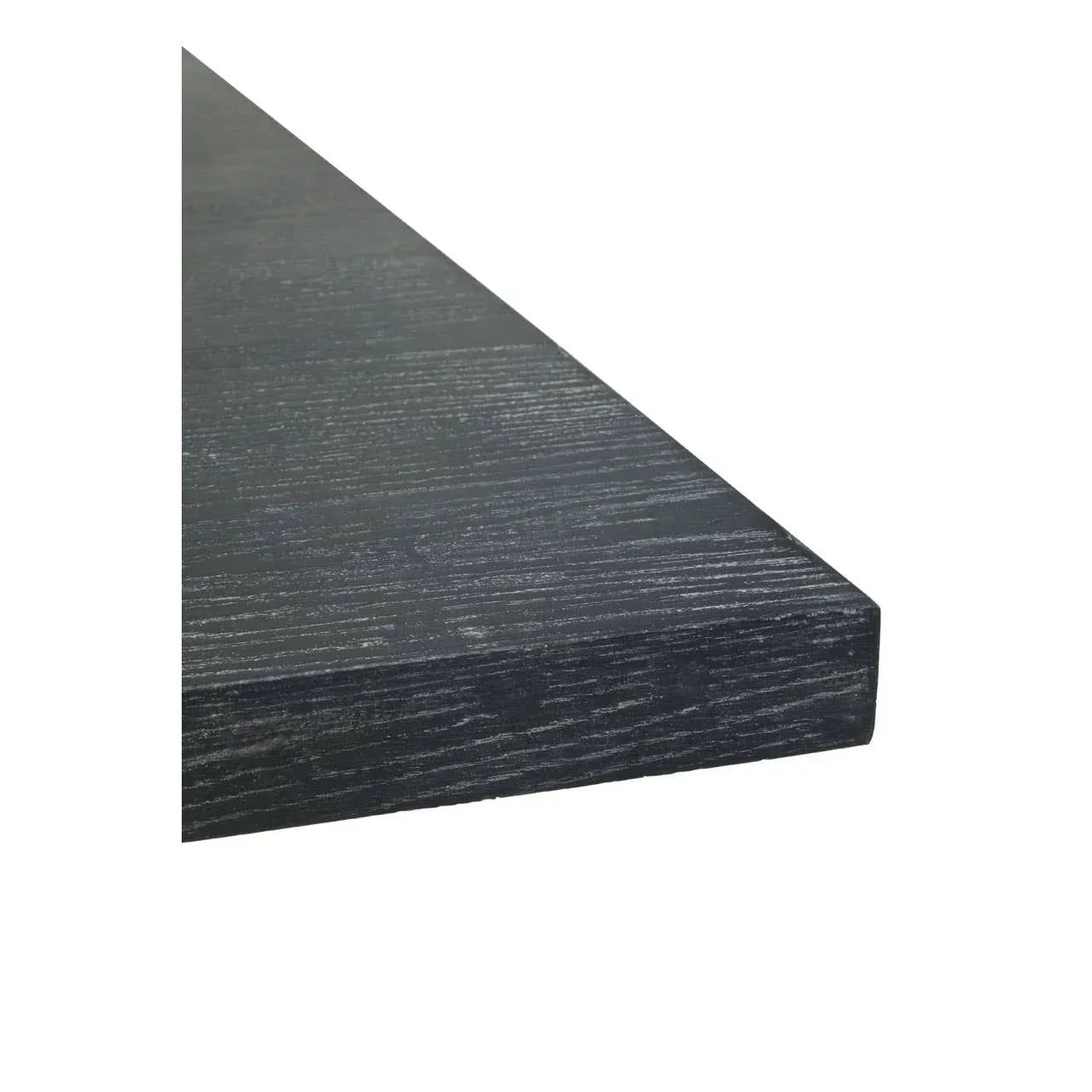 Close up of black wood dining table top with visible grain texture