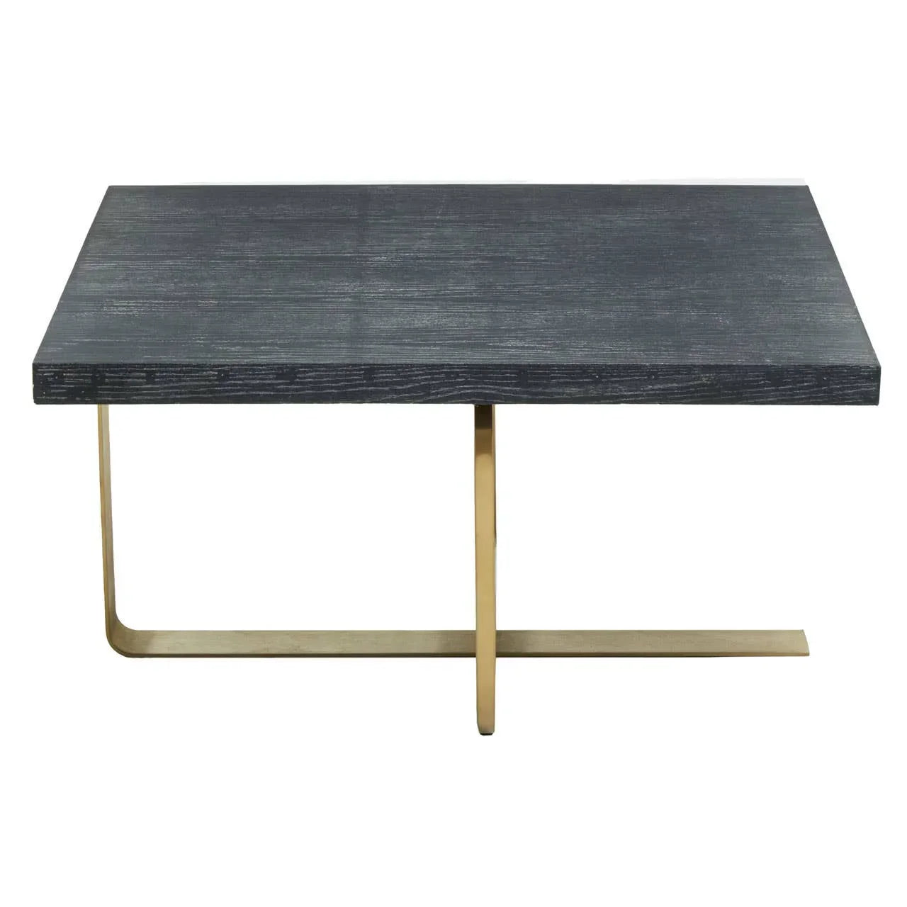 Rectangular coffee table with dark wood top and gold metal cross base, front view