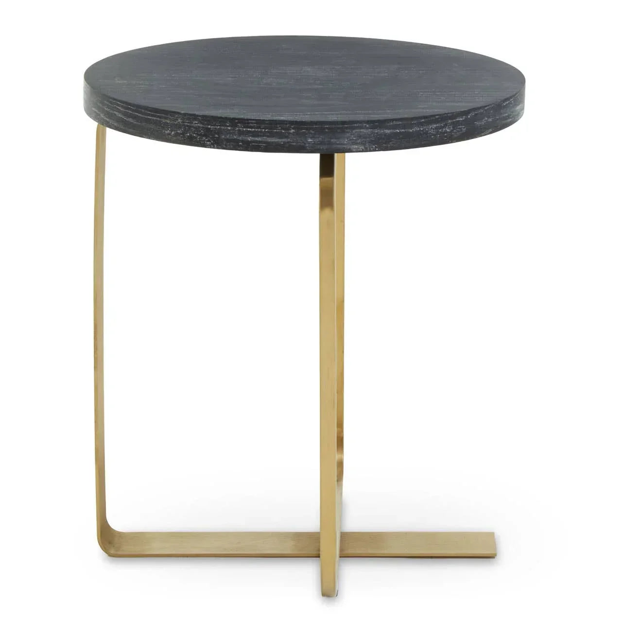 Round black side table with gold metal base, modern accent furniture front view