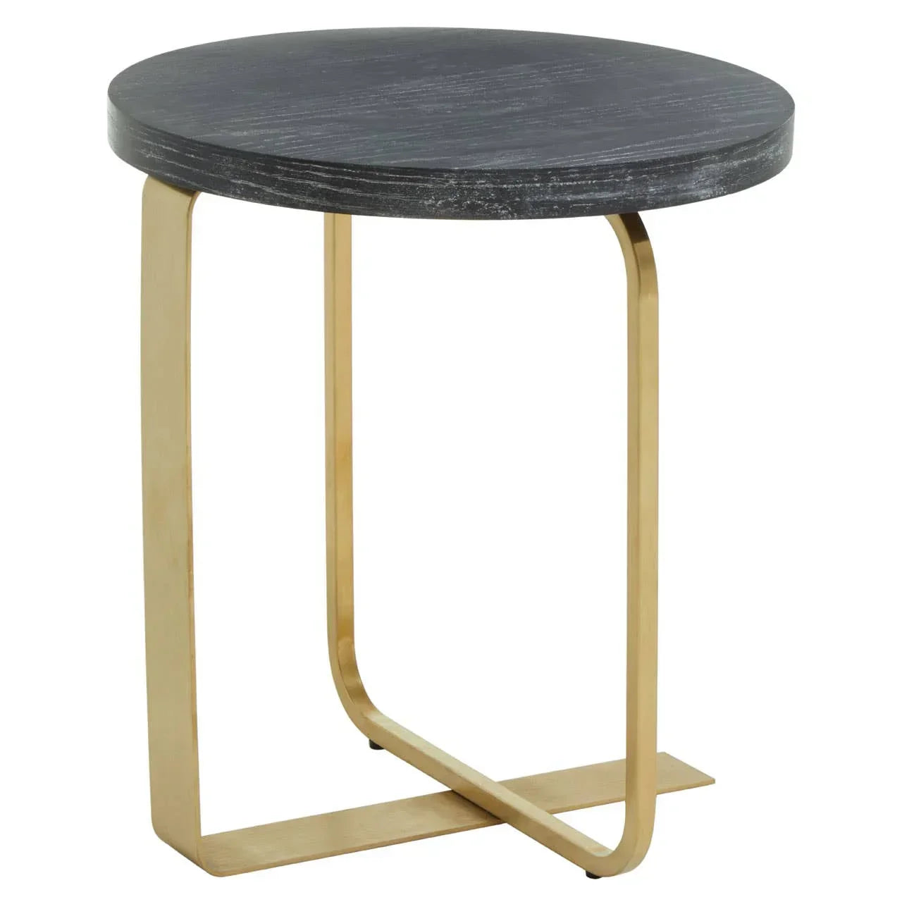 Round side table with black wood top and gold metal base, modern furniture accent