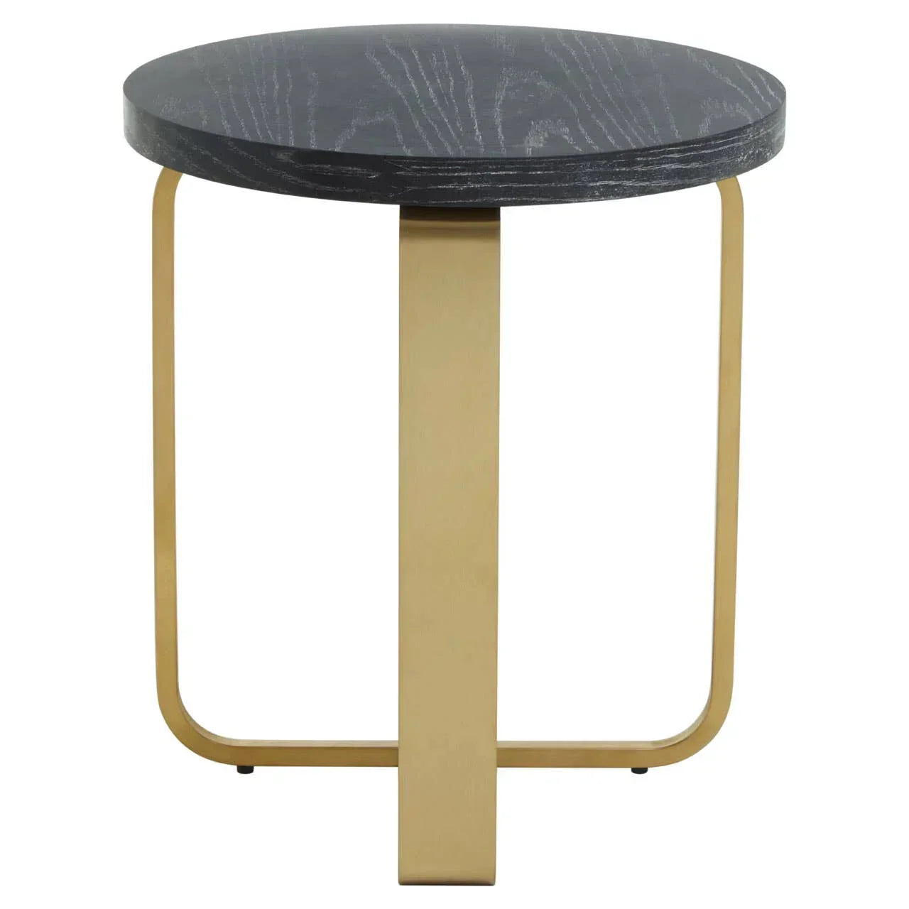 Modern side table with round black wood top and gold metal legs, front view