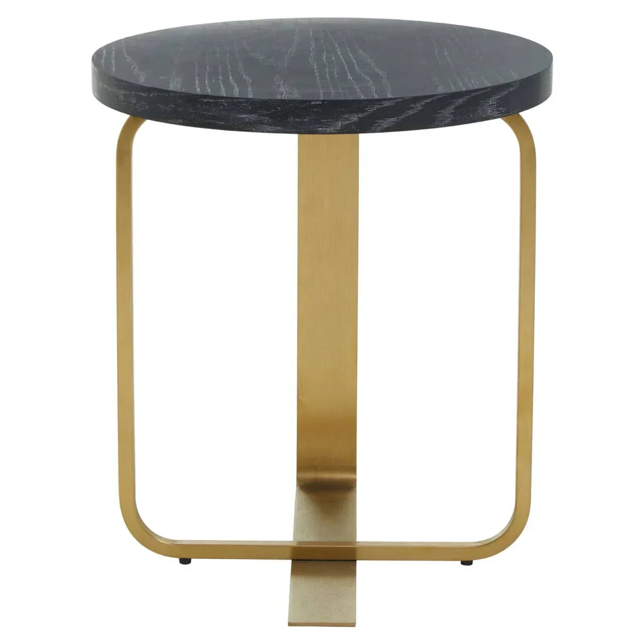 Round side table with black wooden top and gold metal frame base