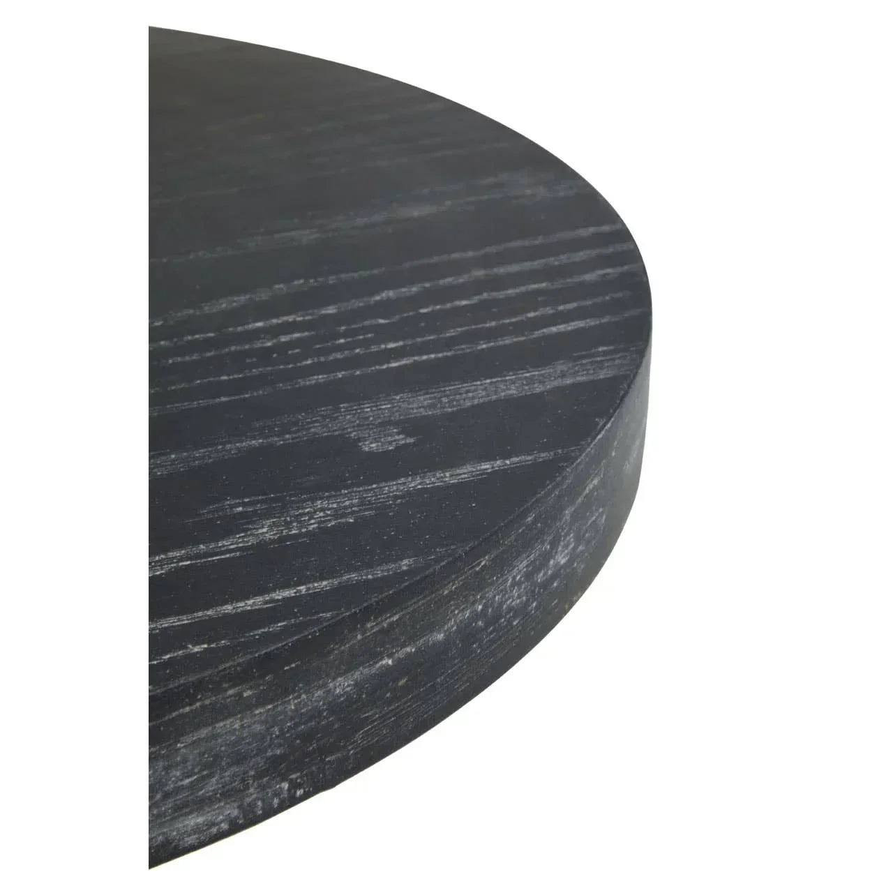 Close up of black wood dining table top with visible grain texture