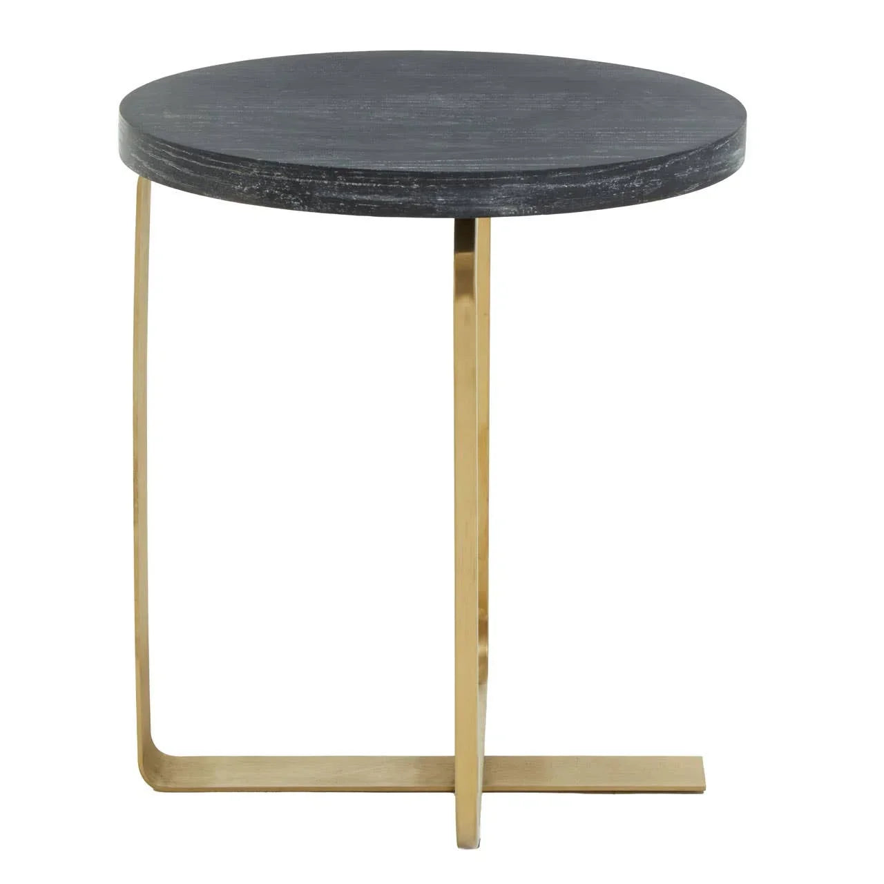Round side table with black top and gold metal frame, modern accent furniture