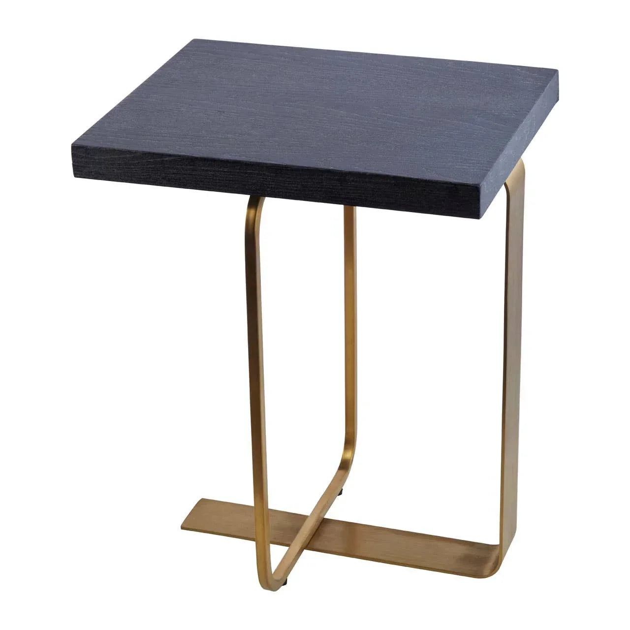 Modern side table with black wood top and gold metal base