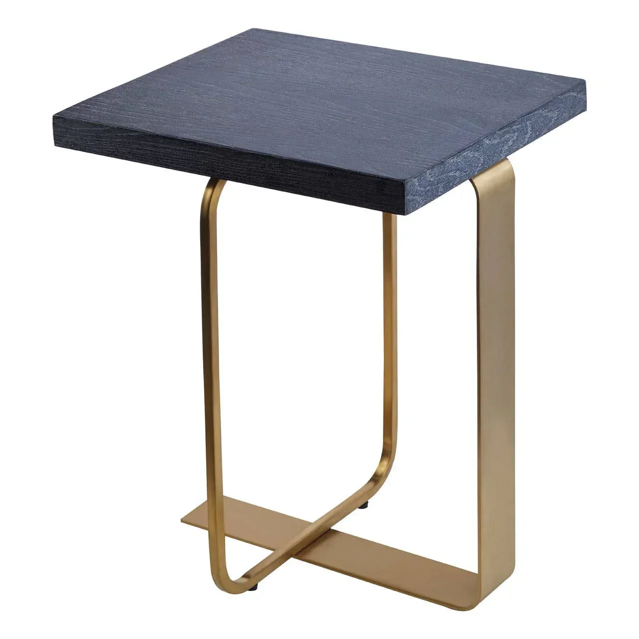 Black wood side table with gold metal frame and square top, modern accent furniture