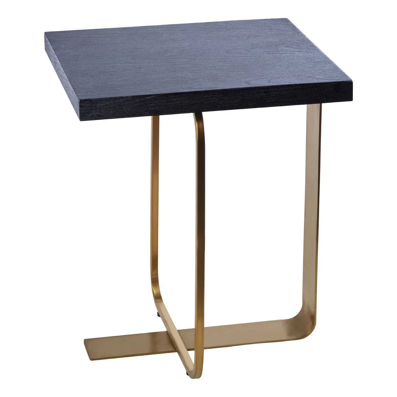 Square black wood side table with gold metal base, modern minimalist design