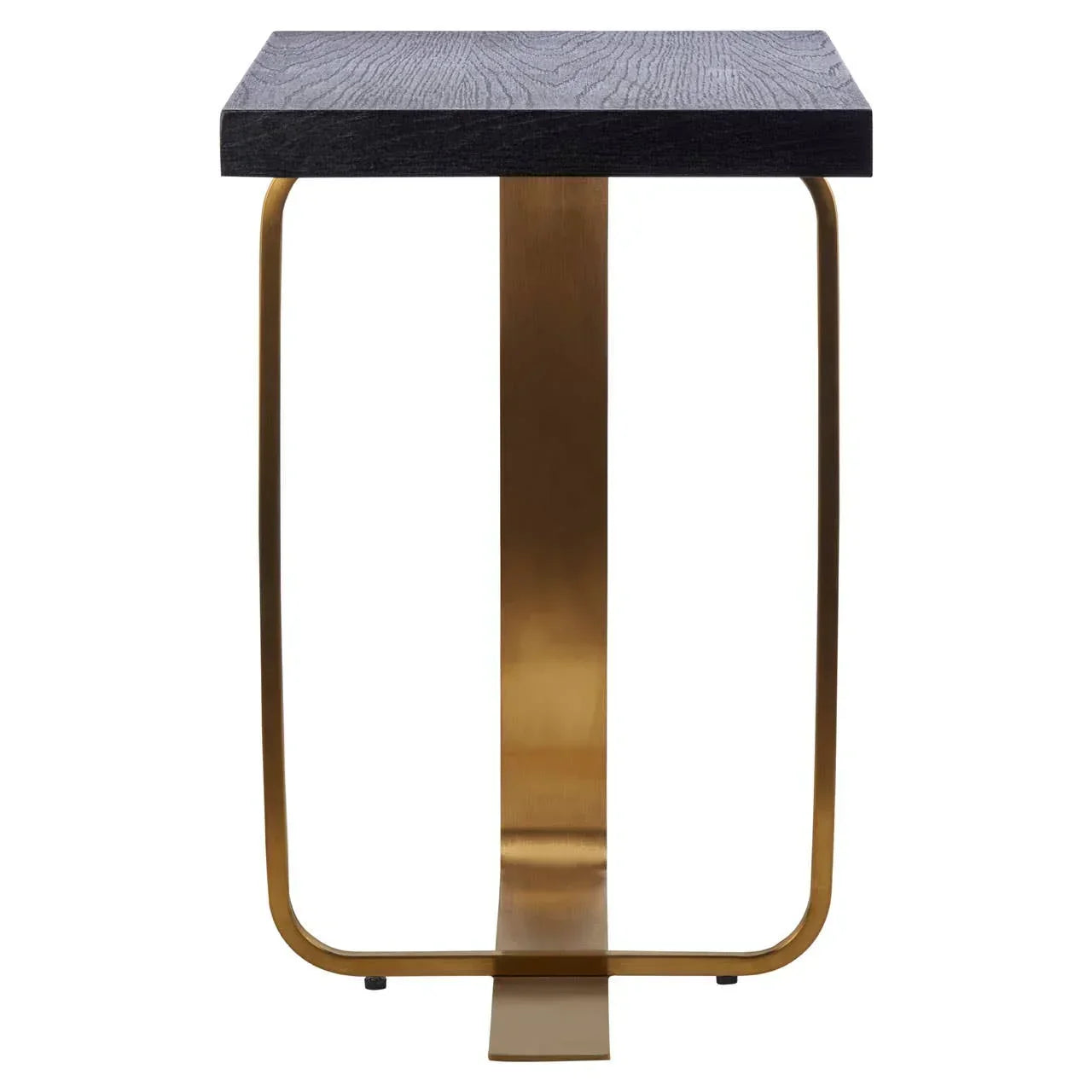 Black wood side table with gold metal frame, front view