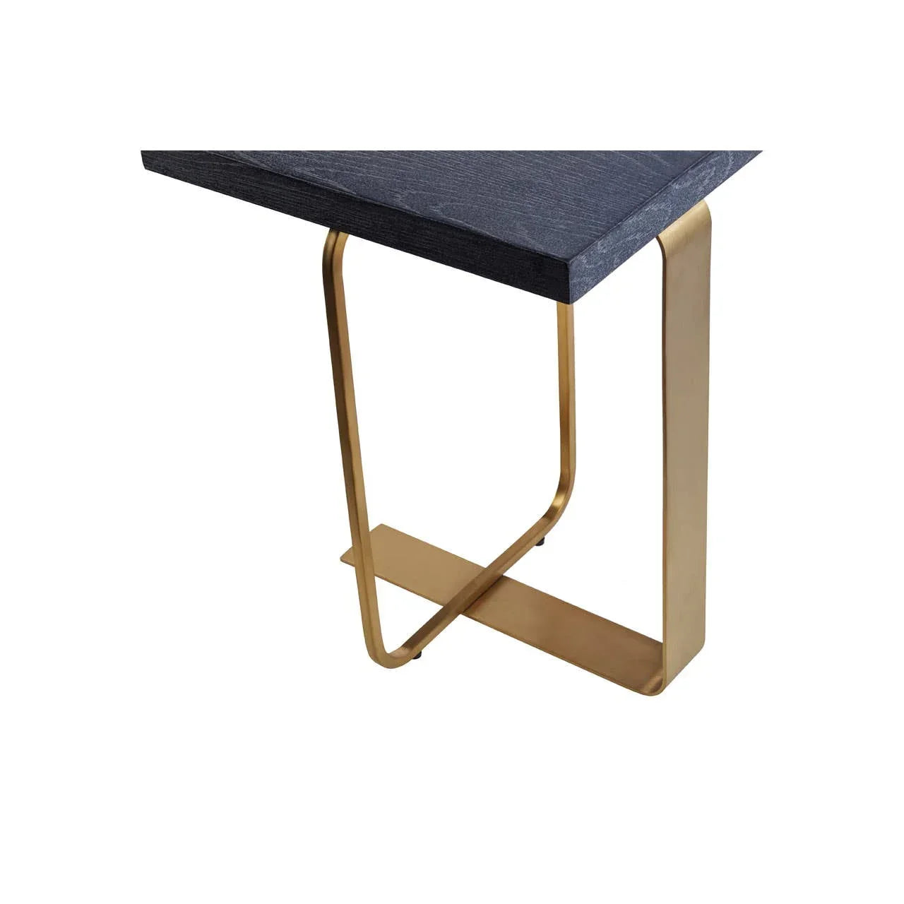 Black wood console table with gold metal frame, close view of corner design and leg detail