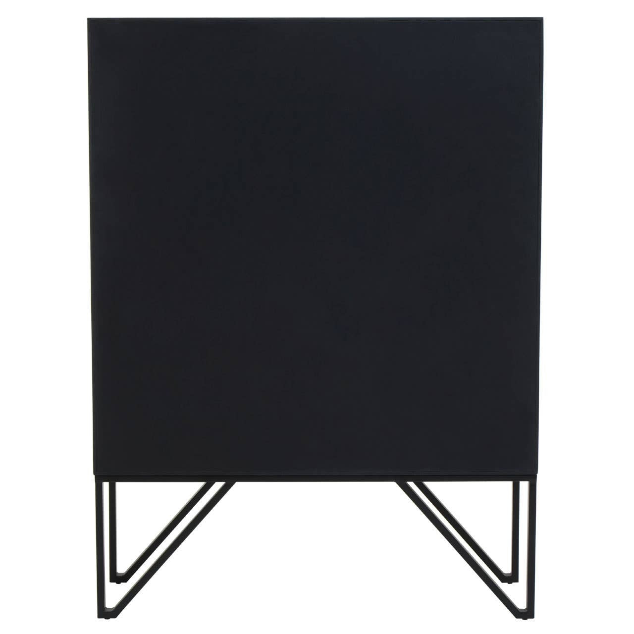Textured black wooden cabinet with a minimalist design, featuring a sleek, angular metal base and a smooth front surface. The cabinet stands on four slender legs, adding a modern touch to any room