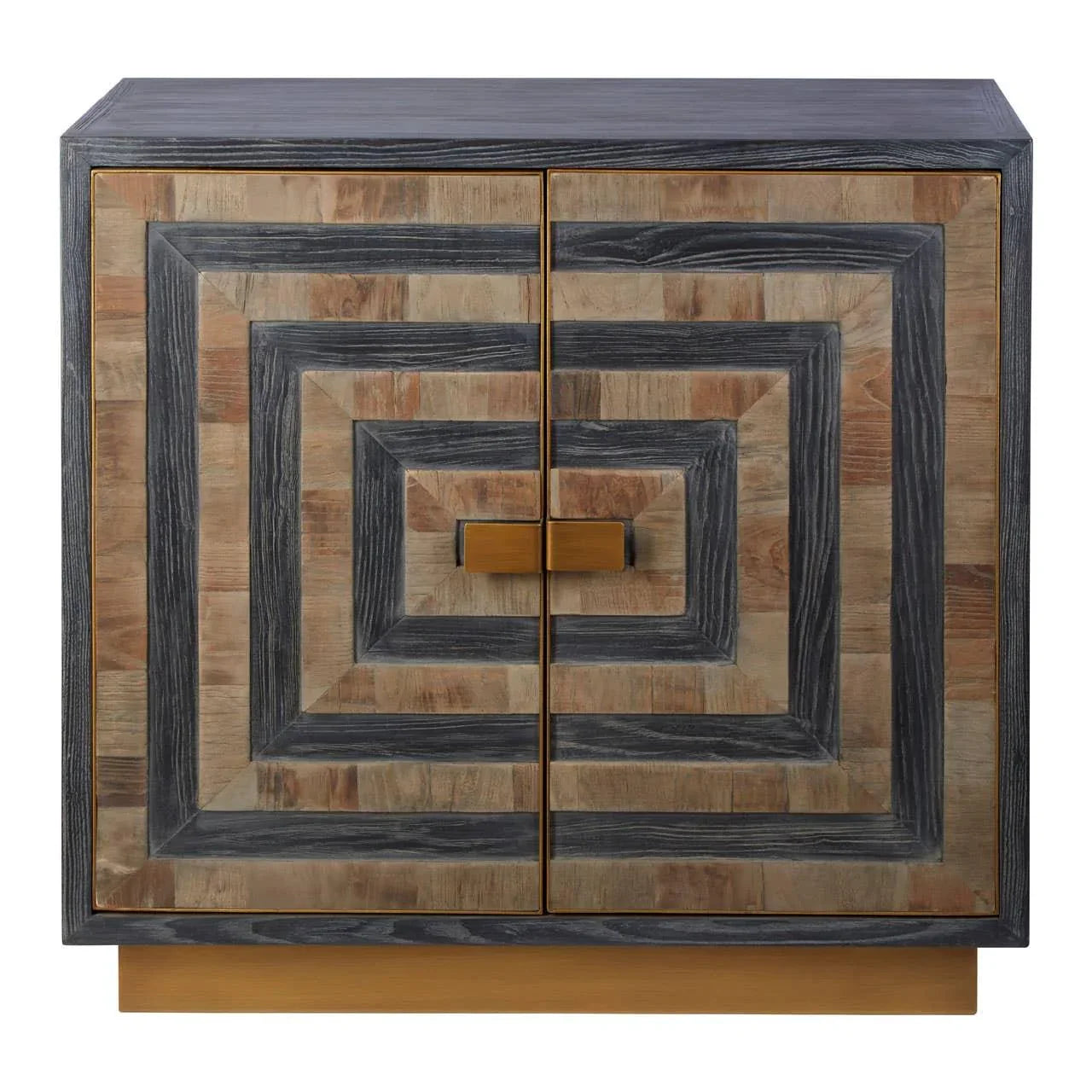 Geometric pattern wooden sideboard with brass handles and square base front view
