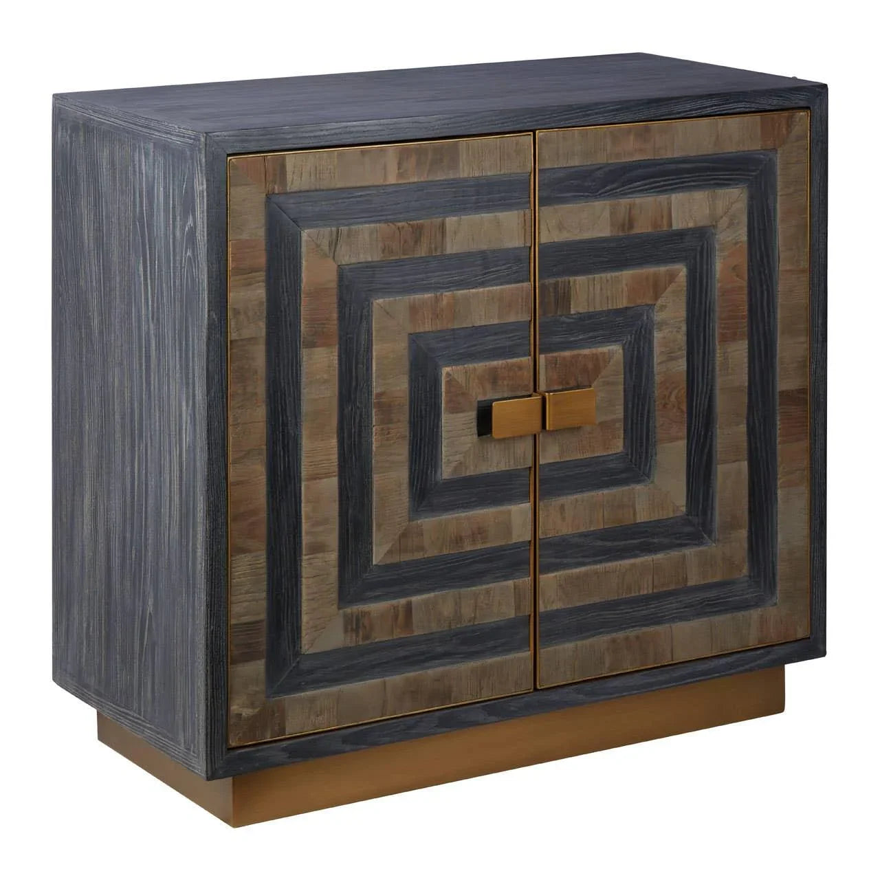 Geometric wood sideboard with two doors, brass handles and a dark wood finish