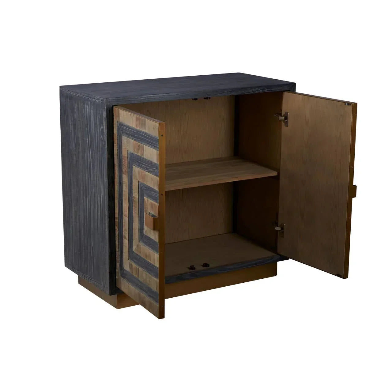 Modern wooden sideboard with two open doors, geometric pattern, interior shelf visible