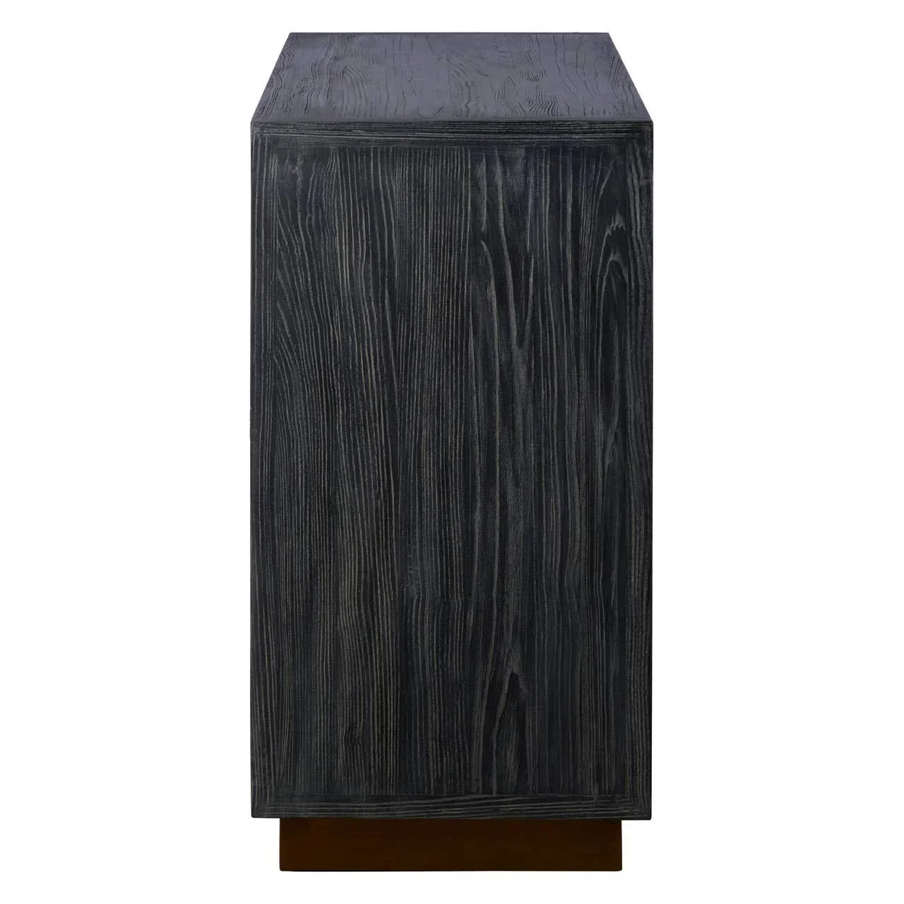 Side view of black wood grain sideboard cabinet with rectangular shape and plinth base