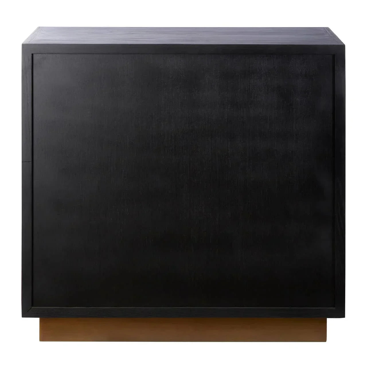 Black wooden sideboard with flat front panel and contrasting base, front view