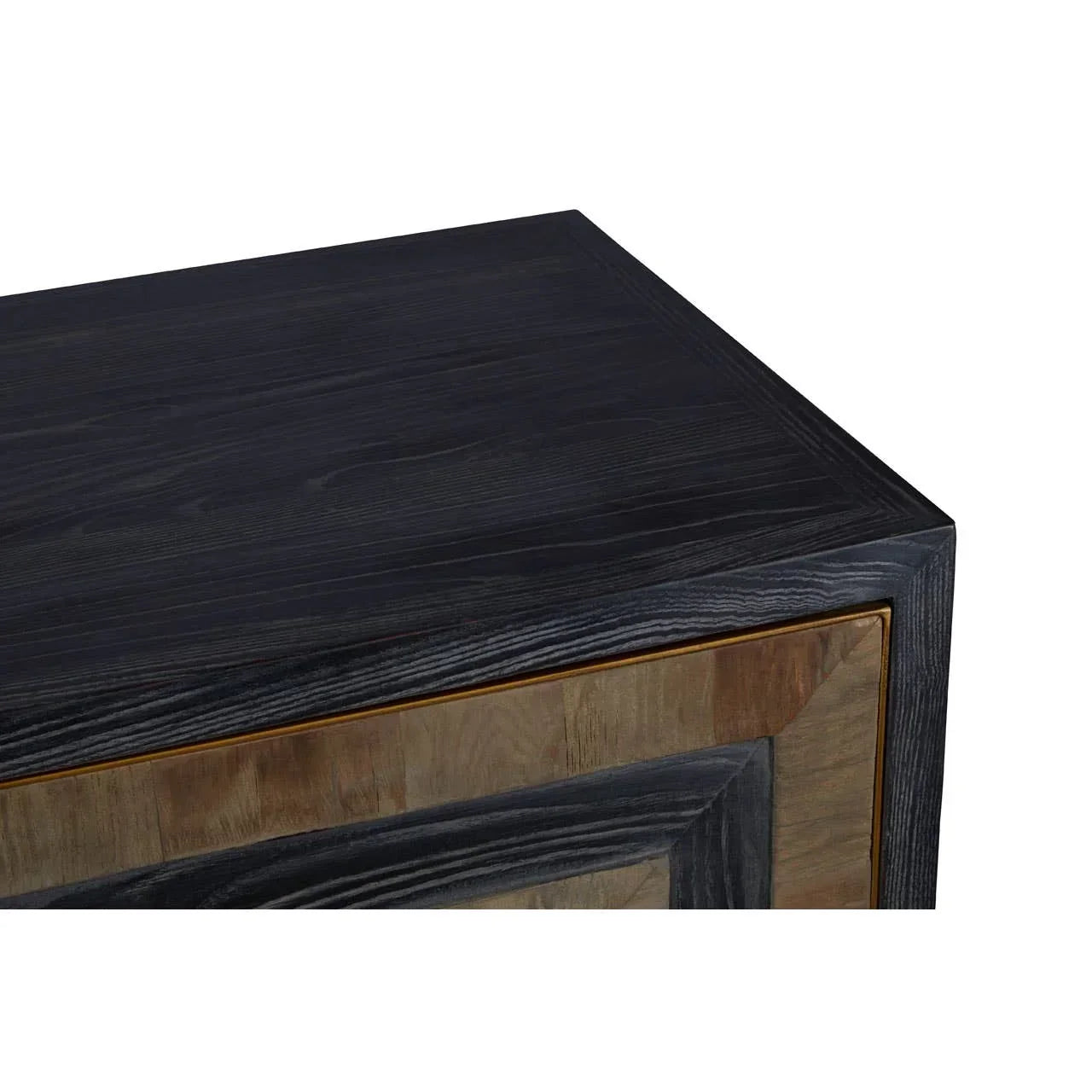 Close-up of black wood sideboard with panel detailing and natural grain texture