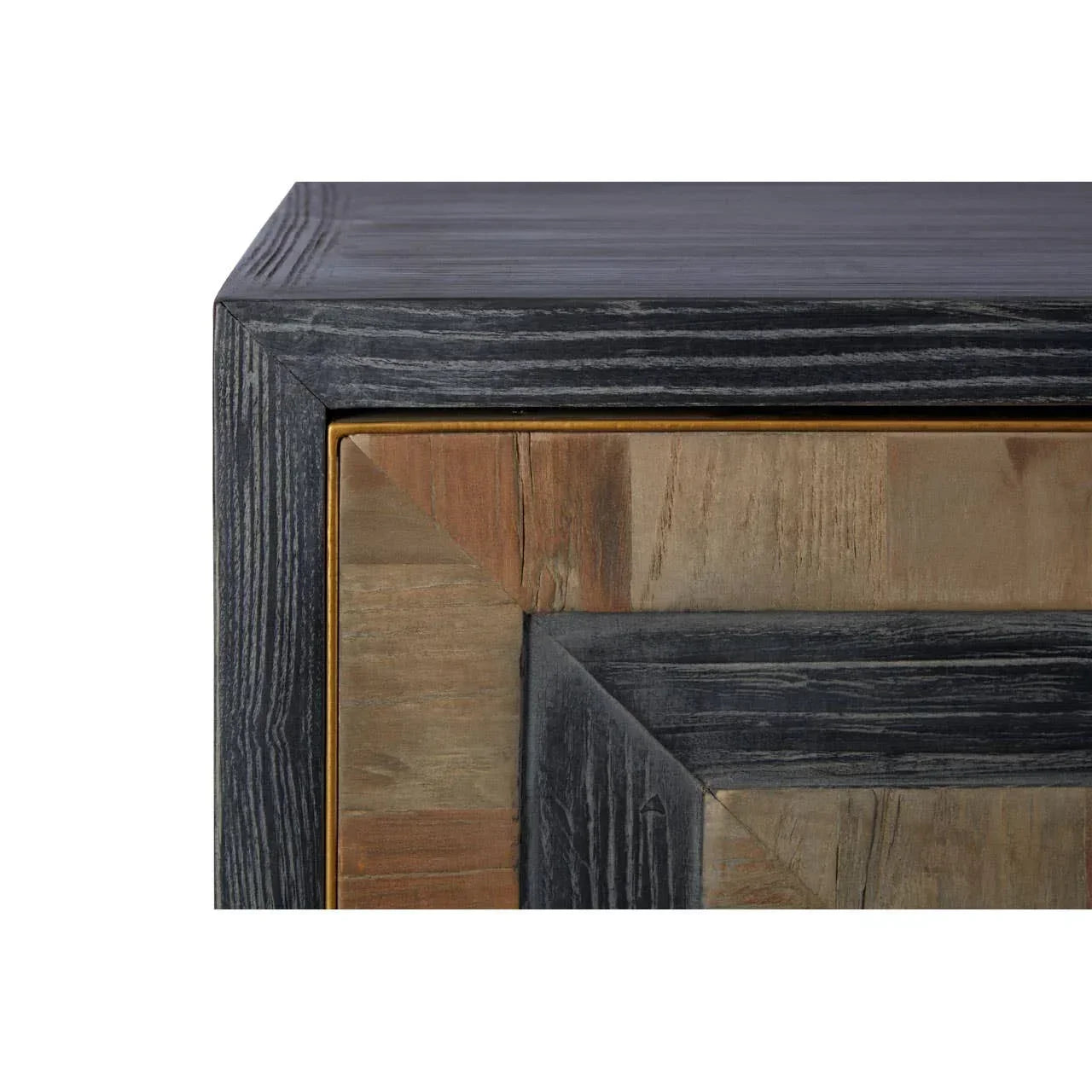 Close-up of wooden sideboard corner with geometric pattern and natural wood grain finish