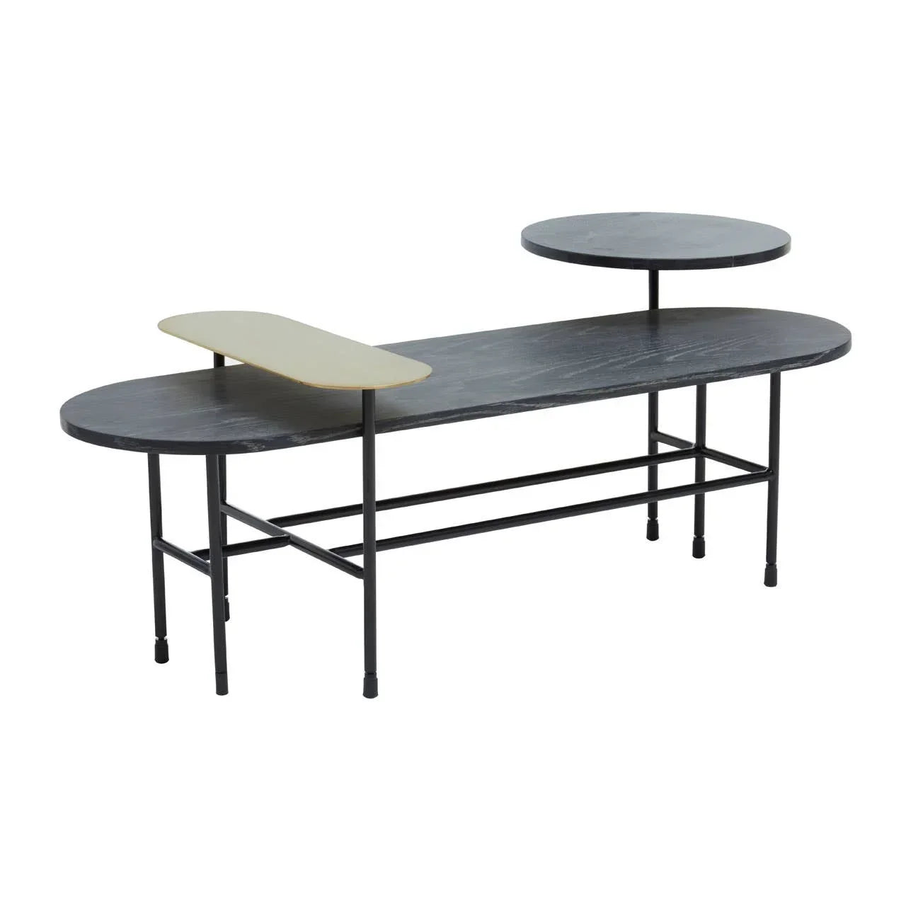 Black marble coffee table with multi-tiered oval and round surfaces, metal frame, modern design