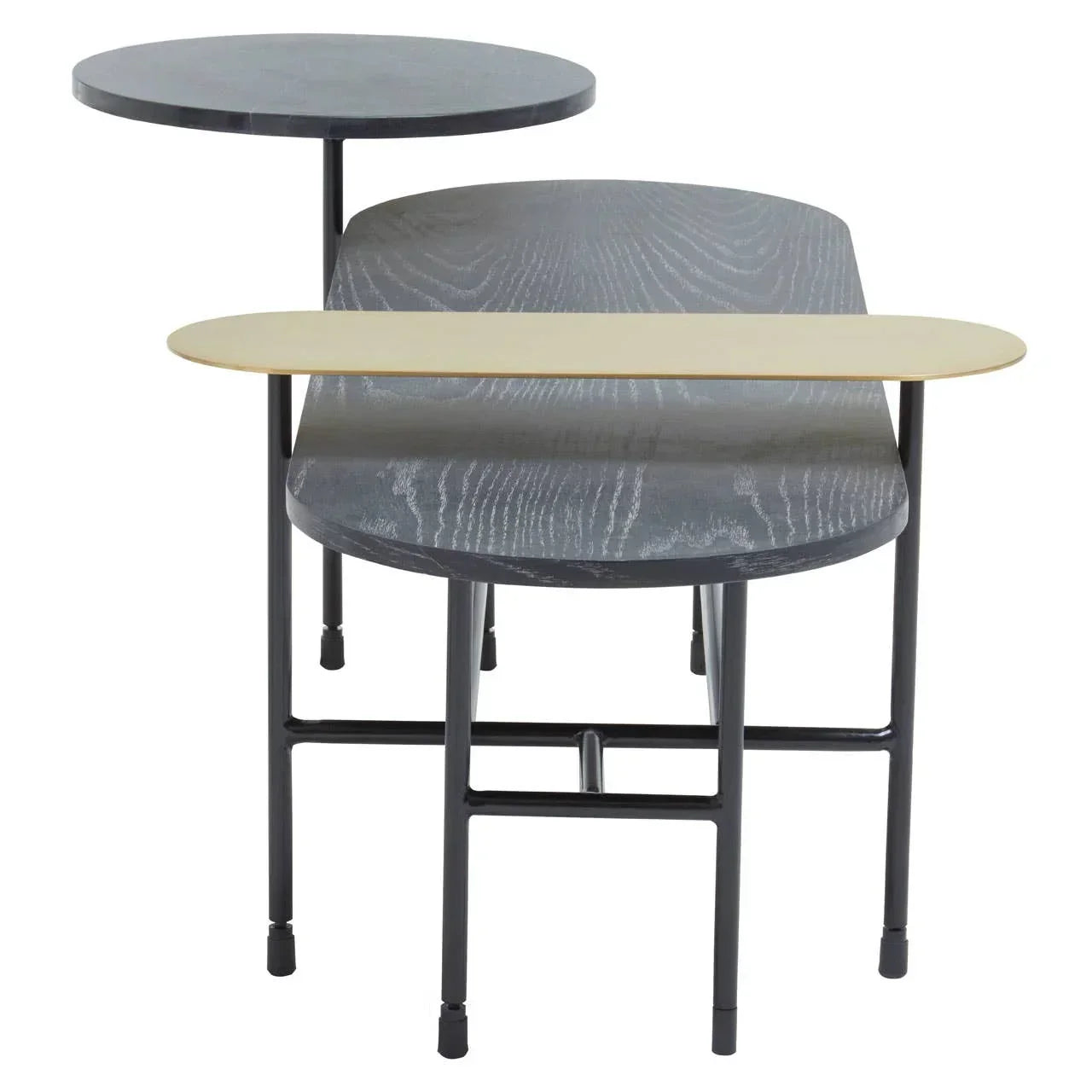 Modern nesting coffee tables with black metal legs, matte grey and gold tabletops, front view